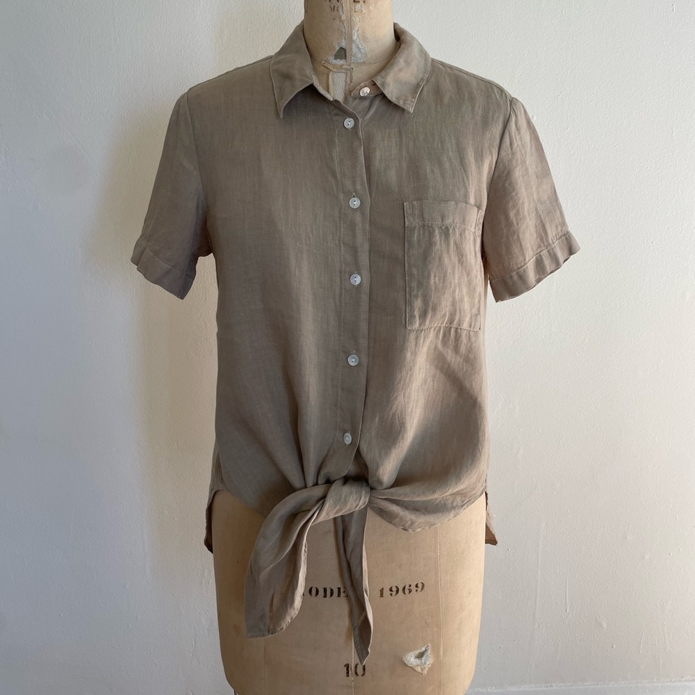 Theory Hekanina 2 linen blouse short sleeve tie front tan brown small